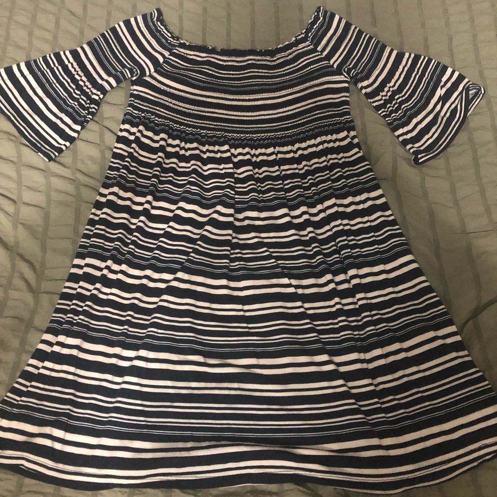Blue and White striped off the shoulder dress.